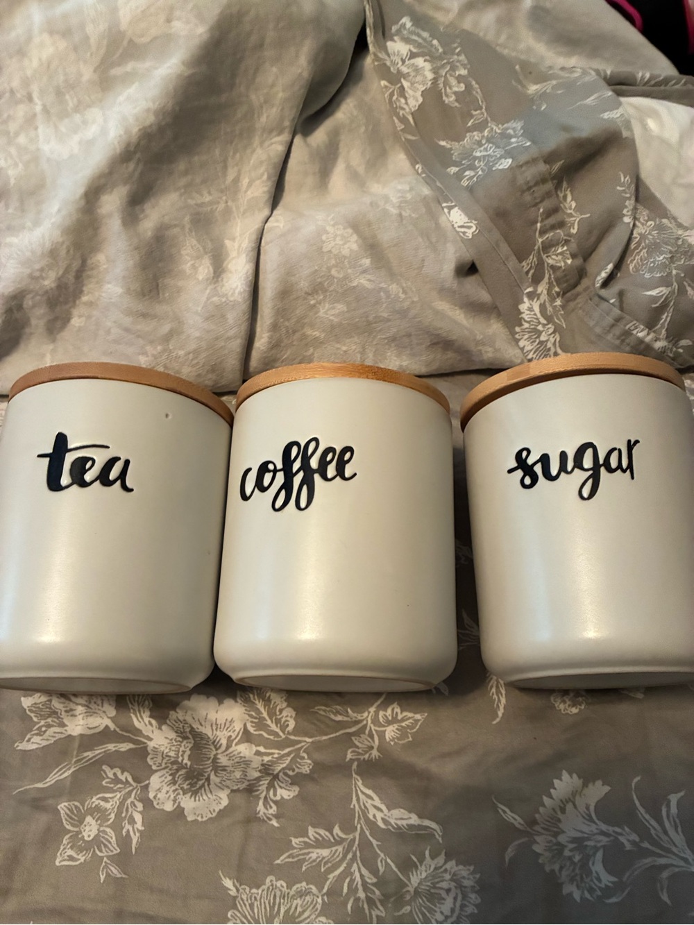 Boston Warehouse Cream Ceramic Tea Coffee Sugar Canister Set with Wood Lids